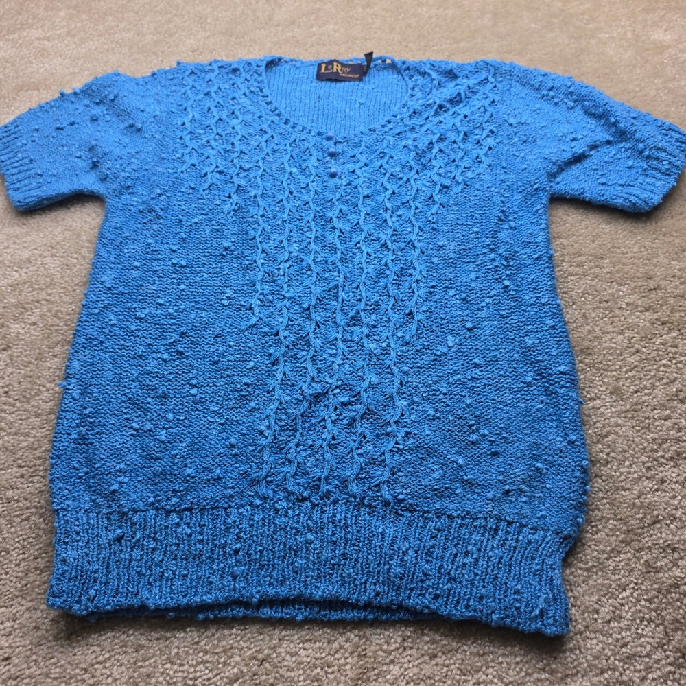 LeRoy Knitwear Vintage Blue Popcorn Cable Knit Short Sleeve Sweater Large